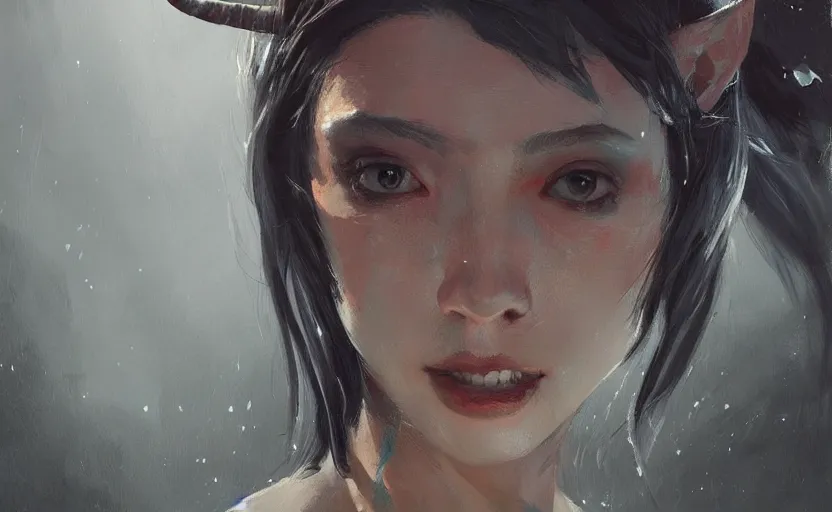 Image similar to a painting of aki trending on artstation in the style of greg rutkowski, beautiful, sensual, natural, horns on head