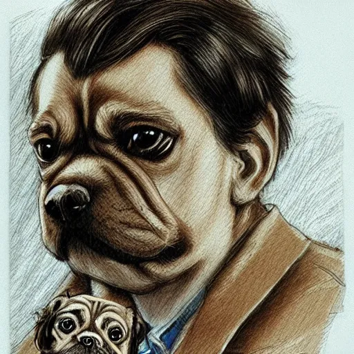 Image similar to self portrait, young handsome man with short light brown hair and light sking holding a pug for a picture, pencil art, added detail, high definiton, colored, backfacing, by yoji shinkawa