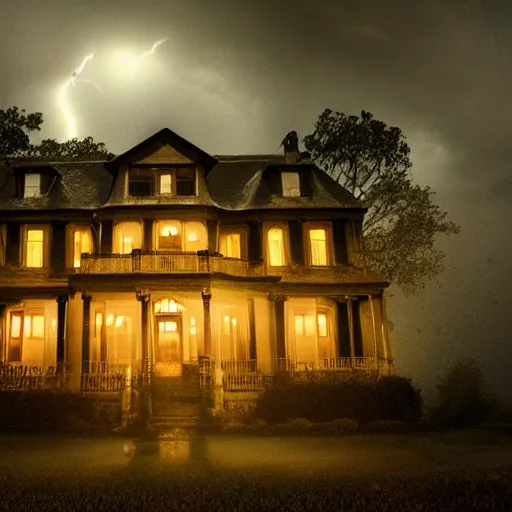 Image similar to a real photo of a horror mansion, in a lighting storm, portrait, 4 k, 8 0 mm, higly detailed, cinematic,