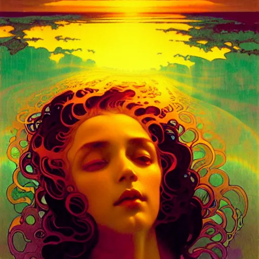 Image similar to transcendent mind bending indigo waves of glossy psychedelic liquid honey flowing like kaleidoscopic translucent amber, lsd waves, honey ripples, enlightenment, dramatic professional lighting, refracted sunset lighting, art by collier, albert aublet, krenz cushart, artem demura, alphonse mucha