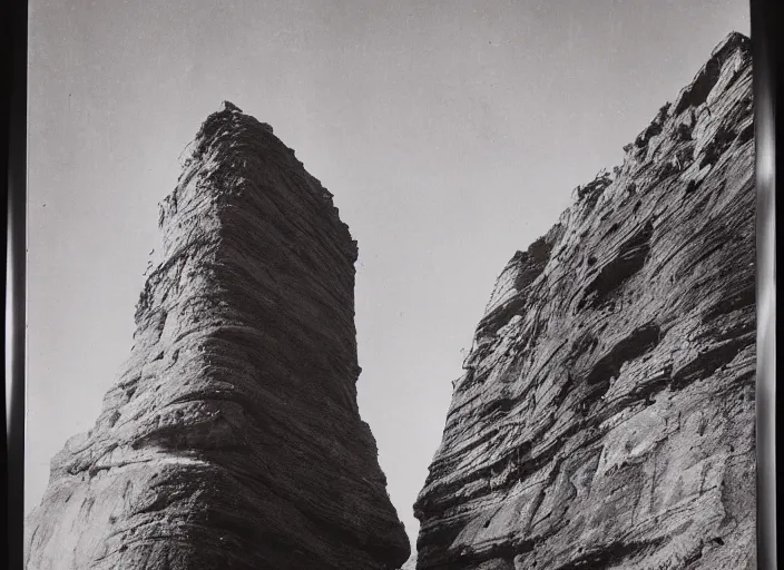 Prompt: Space ship descending towards silver skyscraper near a canyon, albumen silver print by Timothy H. O'Sullivan.