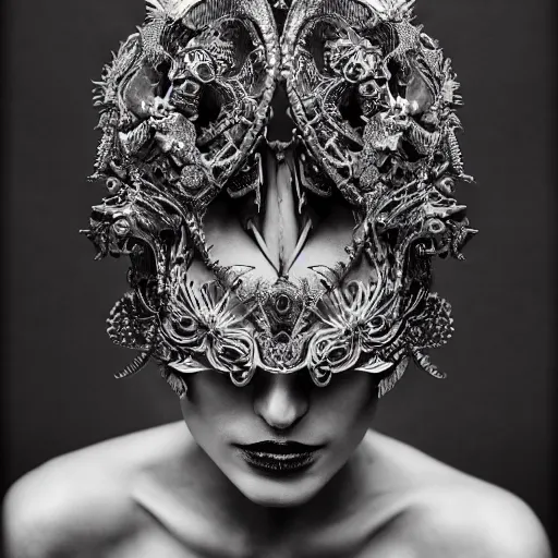 Image similar to a female model by stefan geselle and nekro borja, photorealistic, biomechanical, intricate details, hyper realistic, ornate headpiece, dark beauty, photorealistic, canon r 3, photography, wide shot, photography, dark beauty, symmetrical features