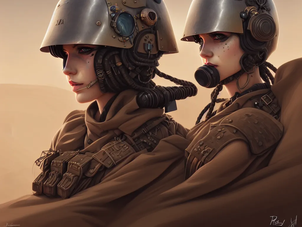 Image similar to portrait of dieselpunk blackpink lisa soldier girl, helmet, stormy sand desert, armored, highly detailed, digital painting, face detail, sharp focus, art, illustrations by loish and ayanamikodon and irakli nadar and rossdraws and wlop