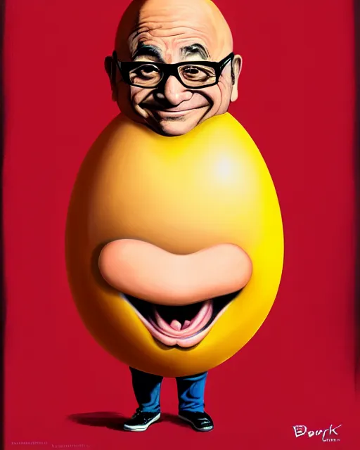 Image similar to painting portrait of danny devito as an egg, cartoon, warm lighting, danny devito has an egg body, movie poster, illustration by bartek fedyczak, erak note, tooth wu, neil richards, kan liu, siwoo kim, jisu choe, trending on art station