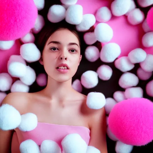 Prompt: a cute girl model surrounded by floating pink cotton balls, photorealistic, hyperdetailed, studio lighting, shot on iphone 1 3 pro,
