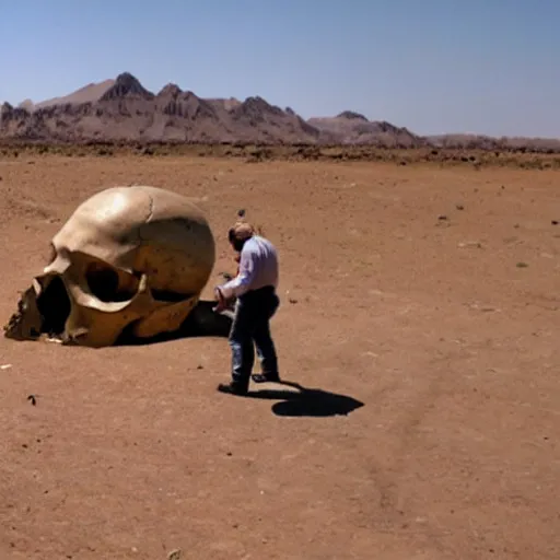 Image similar to Paleontologists finding a gigantic skull in the desert