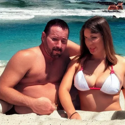 Image similar to photo of a 4 0 year old man that looks young for his age dating a very attractive 2 2 year old woman wearing a bikini. his wife is visibly upset in the background. lol