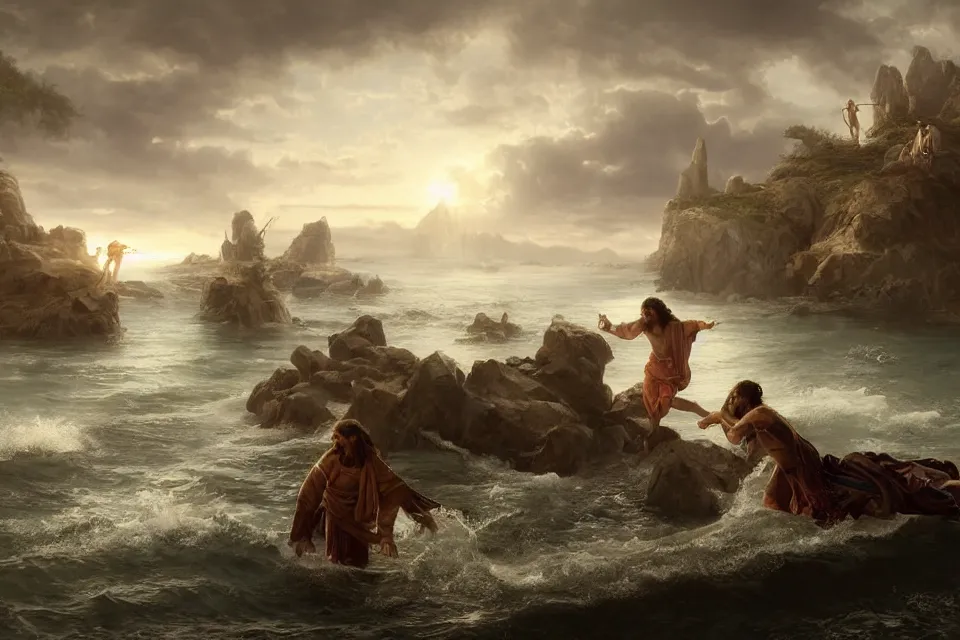 Image similar to An epic matte painting of Jesus saving Petrus in the Water, beautiful, stunning, gorgeous, 4k resolution, professional digital art, by wlop and George Rutkowski, f16, intricate