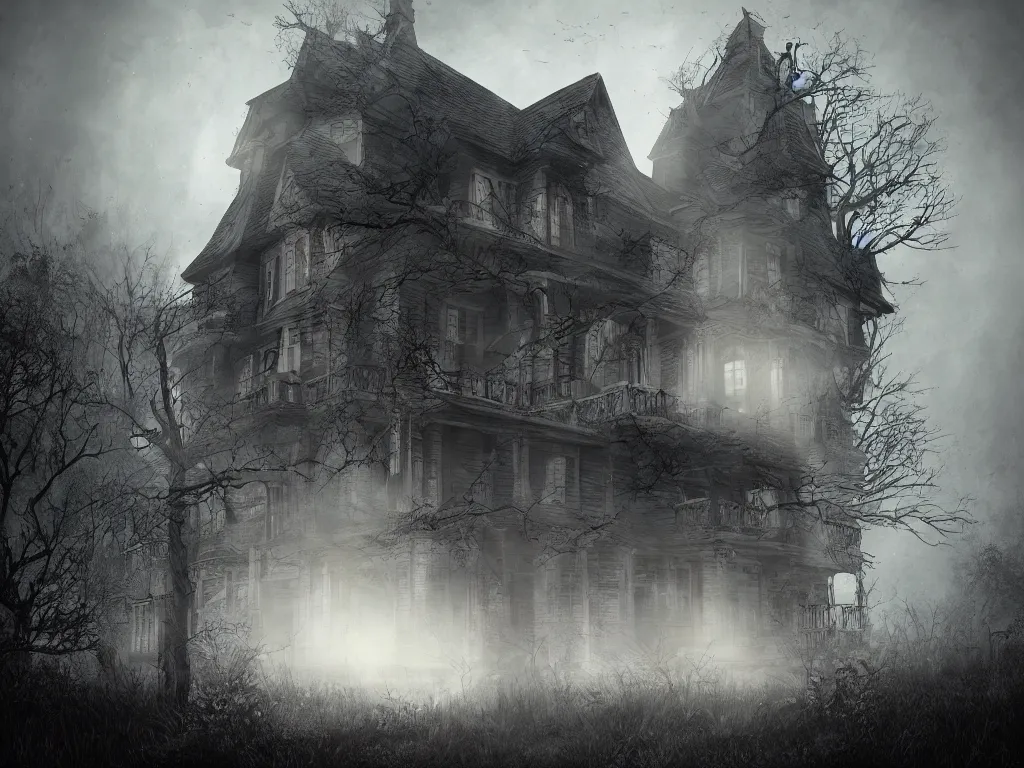 Image similar to house on the haunted hill, horror, creepy, surreal, dreamscape, high quality, ultradetailed, sharp, artstation, 8 k, volumetric fog