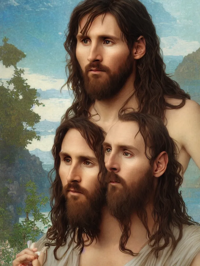 Prompt: portrait lionel messi as jesus, full length shot, shining, 8 k highly detailed, sharp focus, illustration, art by artgerm, mucha, bouguereau, blue eyes