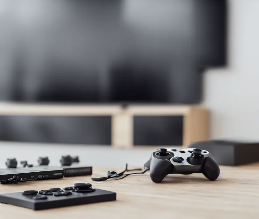 Image similar to game controller sitting on a table with a TV in the background, modern room, depth of field, high detail, complex