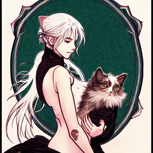 Prompt: Ciri holding a cat, manga style, expressive comic art, trending on artstation, digital art, by Alphonse Mucha, highly detailed