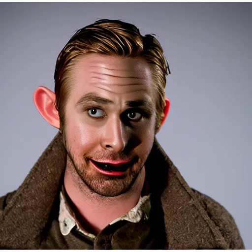 Image similar to a goblin dressed as Ryan Gosling from the movie Drive, dramatic studio photography