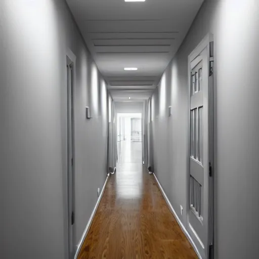 Image similar to photograph of empty hallway, sigma 3 0 mm, f / 2. 8, 8 k, high detail, decorative walls, open door on left letting light through.