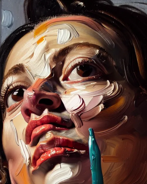 Image similar to a close up portrait a very ordinary young woman with a distracted expression, low angle, facing front, looking up, by Lucian Freud and Jenny Saville, oil painting, anatomically correct, beautiful perfect face, visible brushstrokes, sharp focus, Highly Detailed, Cinematic Lighting, 8k, HD