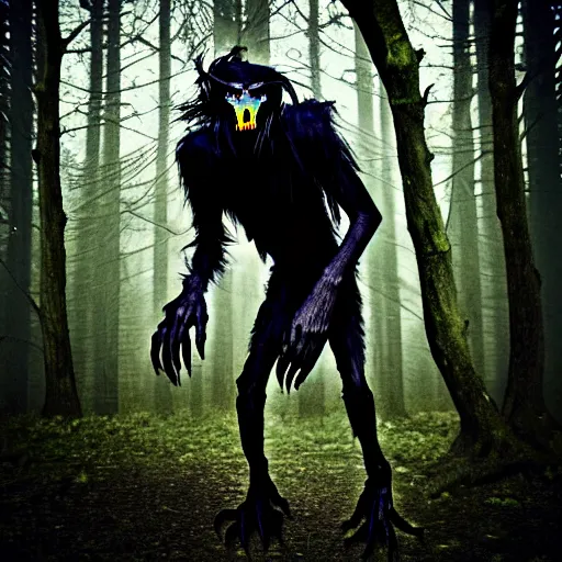 Image similar to werecreature consisting of a human and crow, photograph captured in a forest