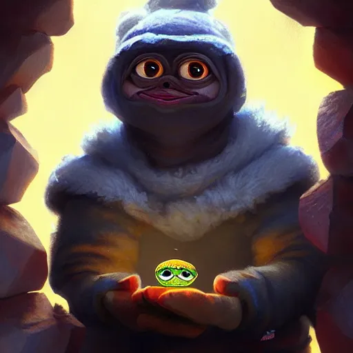 Image similar to pepe the miner with crystals, greg rutkowski, crystals