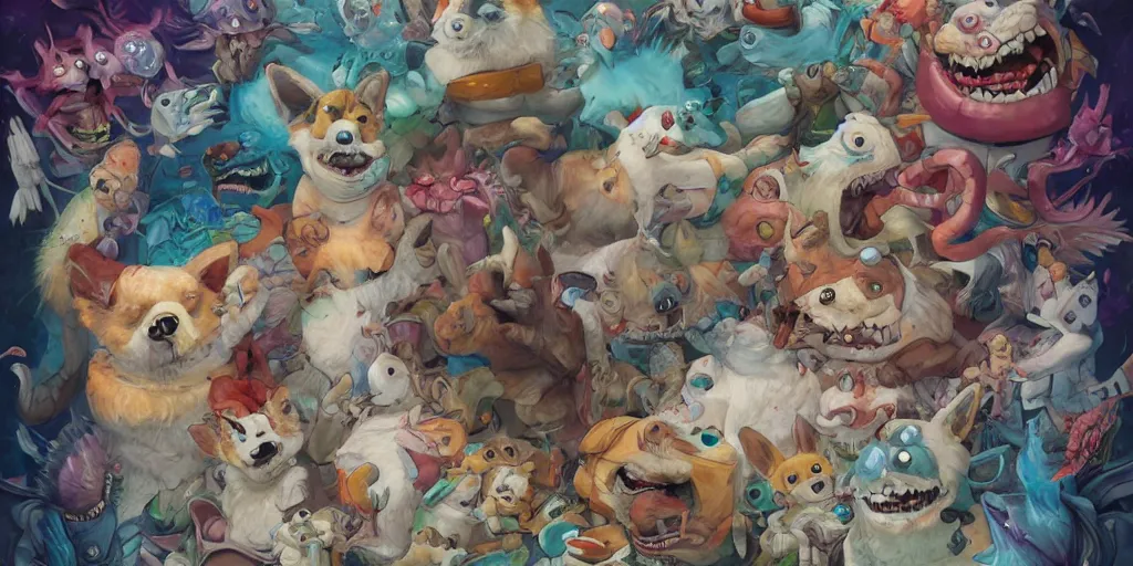 Prompt: mutated corgi monsters fighting the scientists that tested on him, by Anna Dittmann and Hikari Shimoda , trending on Artstation, 8k, masterpiece, graffiti, hiphop