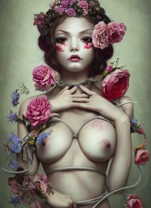 Image similar to pop surrealism, lowbrow art, realistic seductive cute woman painting, body harness, japanese shibari with flowers, hyper realism, muted colours, rococo, natalie shau, loreta lux, tom bagshaw, mark ryden, trevor brown style,