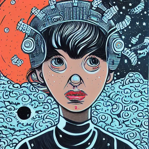 Image similar to oil painting of a girl lost in space, mcbess, james jean