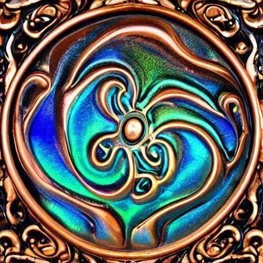 Prompt: Art Nouveau cresting oil slick waves, hyperdetailed bubbles in a shiny iridescent oil slick wave, ornate copper patina medieval ornament, rococo, baroque spirals