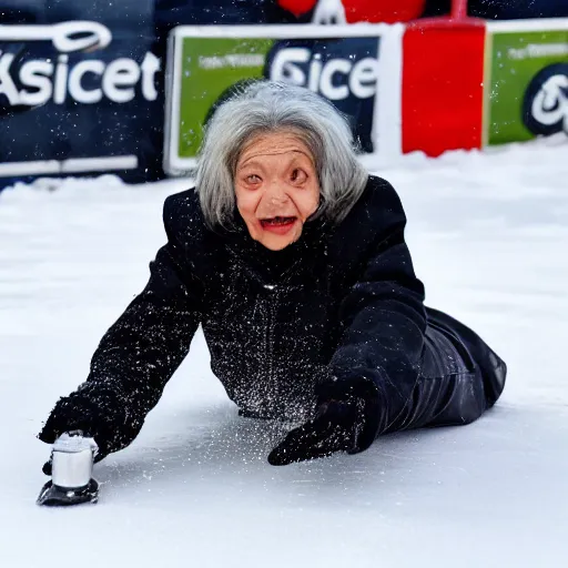 Image similar to professional photo, an elderly woman sliding down an incredibly long ice luge on her back at incredibly high speeds