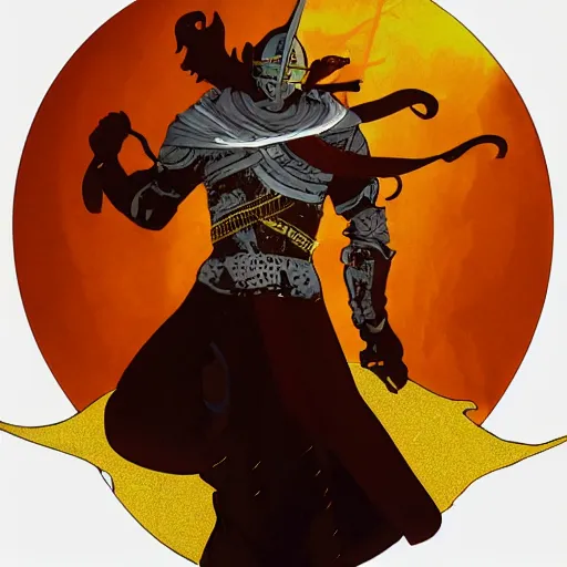 Image similar to an ultra detailed vector image of solaire of astora dressed as the prince of persia, concept art by alphonse mucha and greg rutkowski, bright red desert sands, bright yellow and red sun, octane render, praise the sun