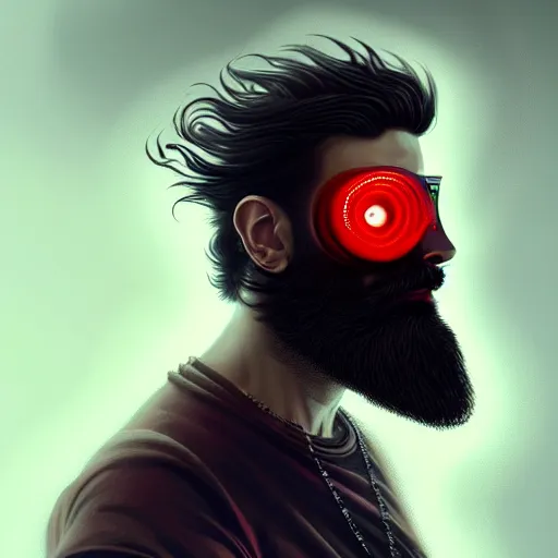 Image similar to bearded man with extremely large and intricate haircut with angry red eyes and slim features looking askance, eye cyberpunk bionics, retro futurist style, intricate, elegant gleaming intricate baroque jewelry, angelic halo, highly detailed, digital painting, artstation, concept art, smooth, sharp focus, illustration, art by wlop, mars ravelo and greg rutkowski,