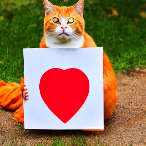 Image similar to cute orange tabby cat holding a sign with a red heart symbol