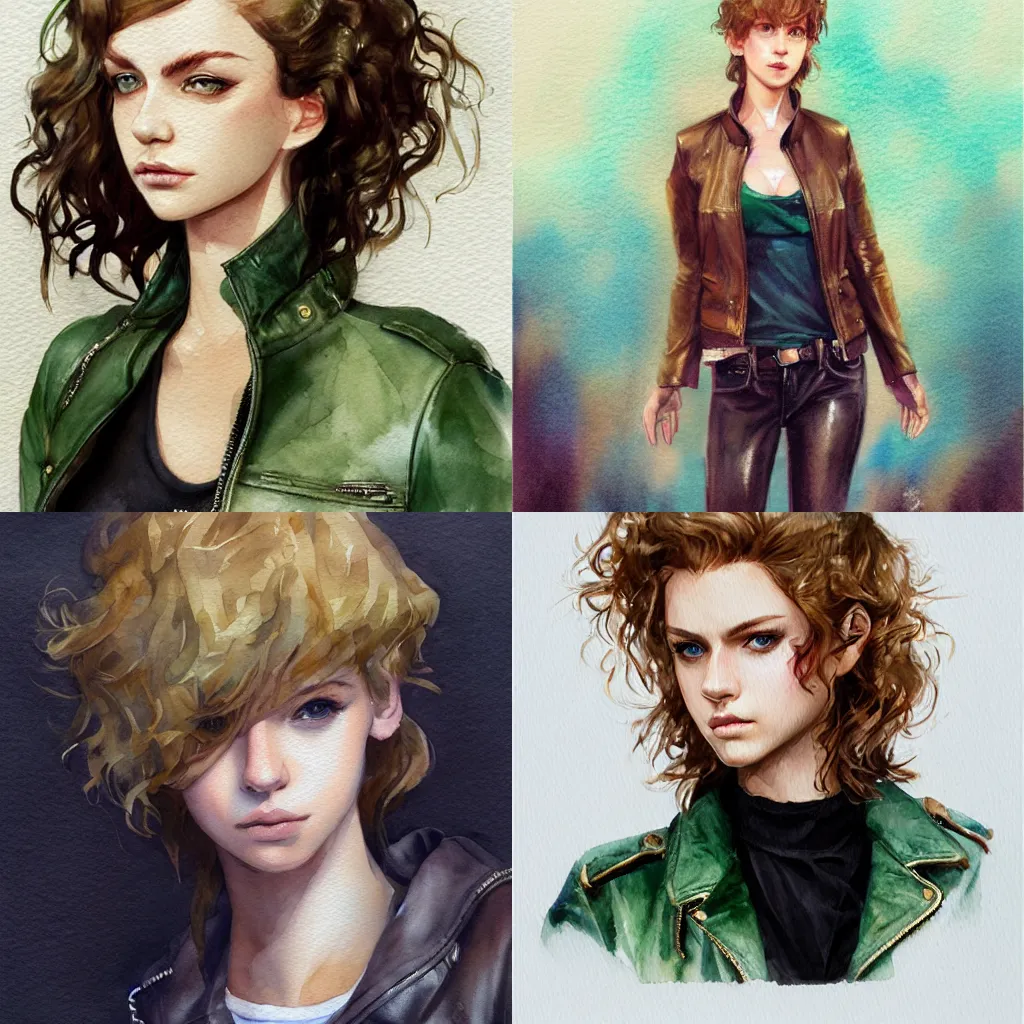 Prompt: short curly blonde haired girl, green eyes, leather bomber jacket, full body, artstation, watercolor, highly detailed, portrait, by krenz cushart