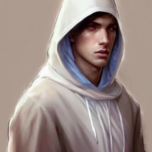 Image similar to ultra realistic illustration, a young man in a white hood, with brown hair, with blue eyes, intricate, elegant, highly detailed, digital painting, artstation, concept art, smooth, sharp focus, illustration, art by artgerm and greg rutkowski and alphonse mucha