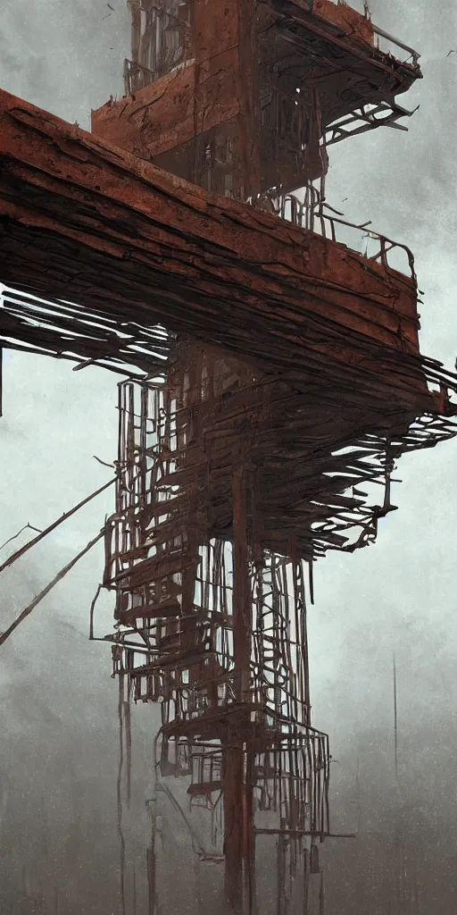 Image similar to a rusty old and wire upside - down edgy giant staircase to heaven, building construction, storm, misty background, in the game pathologic 2, highly detailed, sharp focus, matte painting, by rhads, artgerm, isaac levitan and asher brown durand,