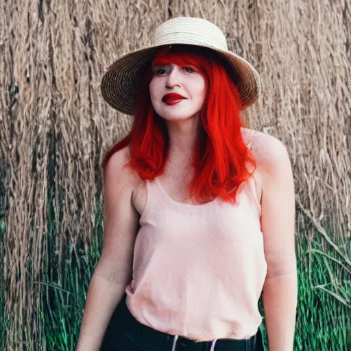 Image similar to red headed woman wearing a wide brimmed straw hat and a fanny pack