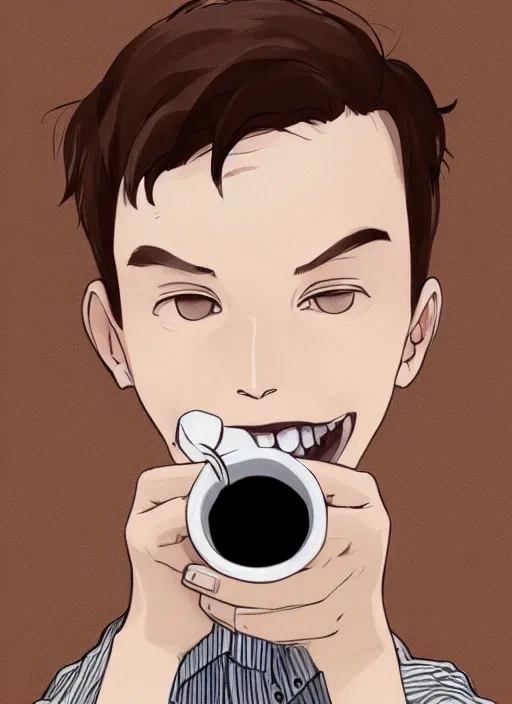 Image similar to a white young man drinking from a coffee cup, which is a brown flower, big smile, prominent big eyes, wise forehead, big lips, round portruding chin, background full of brown flowers, standout colours, thin sharp lines, digital painting, artstation, matte, sharp focus, illustration, realistic anime artstyle