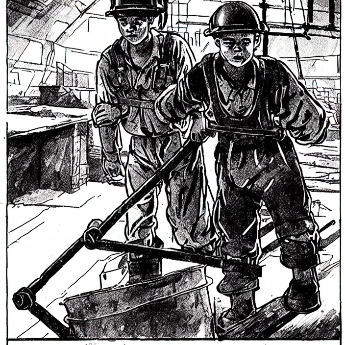 Prompt: sadie sink as a miner pulling a mine cart. in a coal mine. storyboard, scifi cyberpunk. by gabriel hardman, joe alves, chris bonura. cinematic atmosphere, detailed and intricate, perfect anatomy