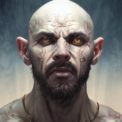 Image similar to portrait painting of male evil demonic cult member, agony, ultra realistic, concept art, intricate details, eerie, highly detailed, photorealistic, octane render, 8 k, unreal engine. art by artgerm and greg rutkowski and alphonse mucha