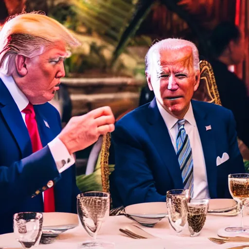 Image similar to Trump and Biden having dinner at a fancy Balinese restaurant, award winning photography, 85mm, perfect faces