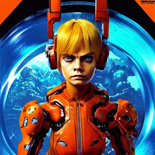 Prompt: movie poster of Cara delevingne as Orange Samus Aran , angry face, screaming, Gears of War cover art, ultra wide lens shot,cinematic lighting, art by Artgerm and Greg Rutkowski and Alphonse Mucha