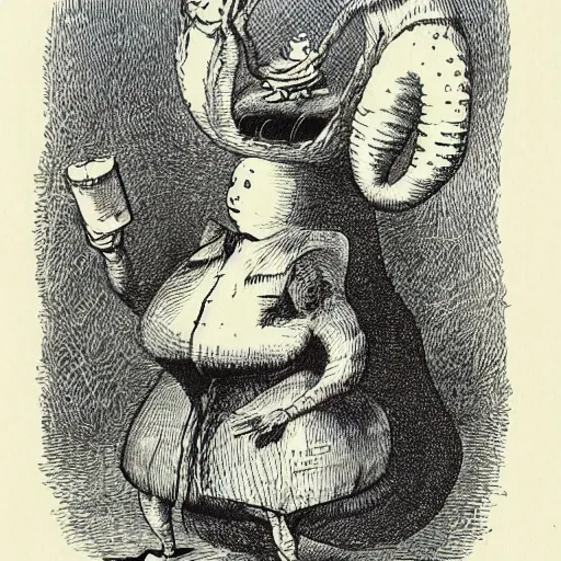 Image similar to A hookah smoking caterpillar, Alice In Wonderland, Absolem, Lewis Carol. by John Tenniel ::