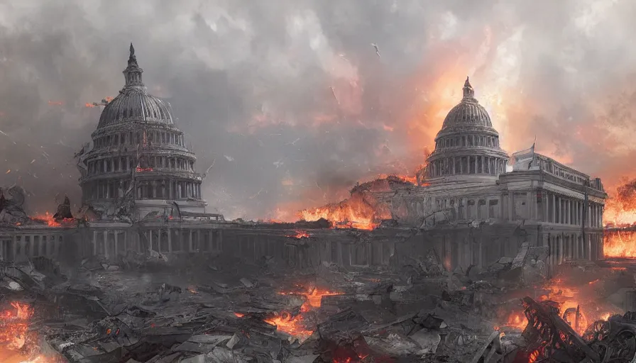 Image similar to destroyed capitol on fire, collepsing dome, hyperdetailed, artstation, cgsociety, 8 k