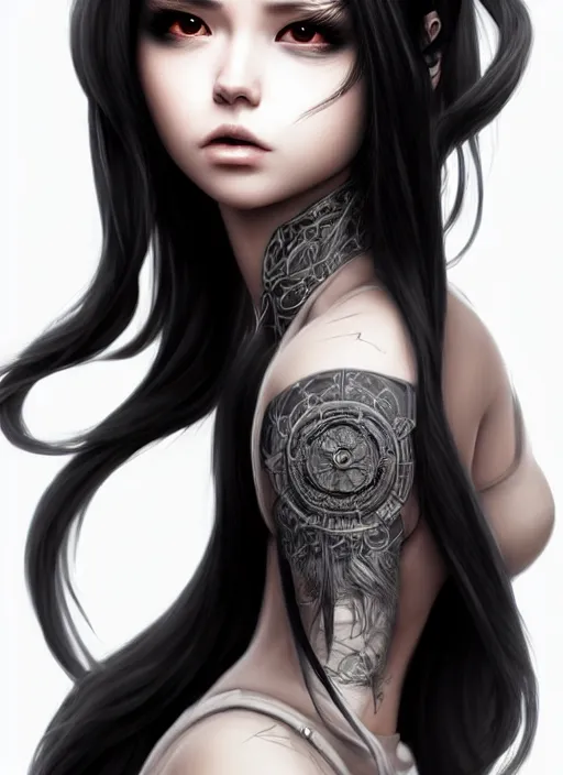 Image similar to full body portrait of long black hair girl within a streetwear. porcelain warforged, cynical face, concept art, character illustrations, intricate, highly detailed 8 k, smooth, matte, sharp focus, rim light, beautiful and aesthetic shape of face and body, artgerm, artstation, art by rinotuna