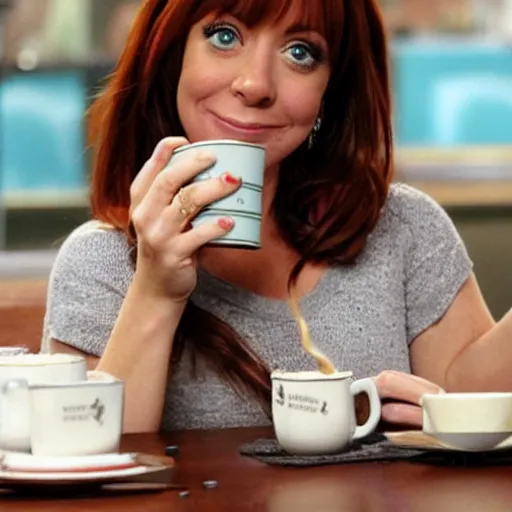 Prompt: lily aldrin ( himym ) drinking coffee in a cup, very detailed face