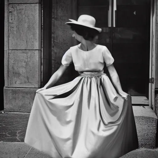 Image similar to photo of a woman in a dress by vivian maier. professional photography.