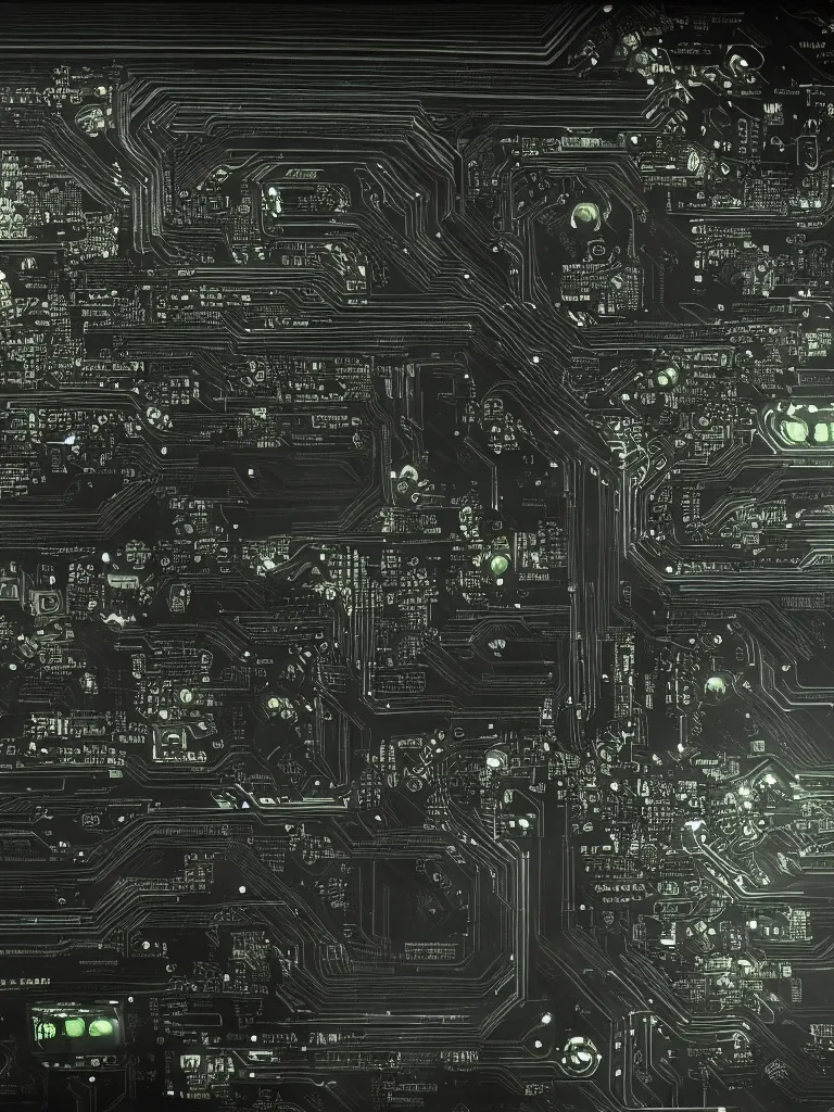 Image similar to big technology, intricate circuit board, cpu, bios chip, led, lcd display, integrated circuits, cmos, capacitors, intricate concept art matte painting, cyberspace, nature grotesque dark