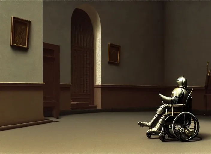 Image similar to knight in armor in a wheelchair do tricks watch old tv, rome, highly detailed, soft lighting, elegant, works by edward hopper and james gillard, zdislaw beksinski, stephen outram, andreas m wiese, highly detailed, masterpiece. rendered in blender, smooth shadows, ultra detail, high resolution, unreal 6, 8 k