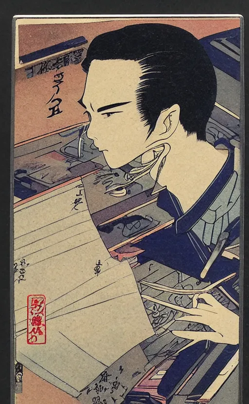 Prompt: by akio watanabe, manga art, a male calligrapher working, vintage desk, traditional colors, trading card front, realistic anatomy