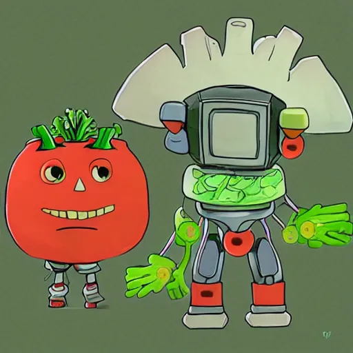 Image similar to robot made of vegetables with big tomato head and a carrot sword, made in abyss style