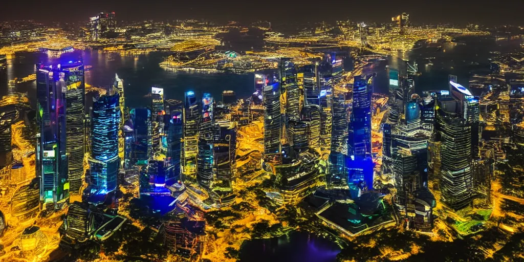 Prompt: futuristic singapour view at night from a plane, hdr