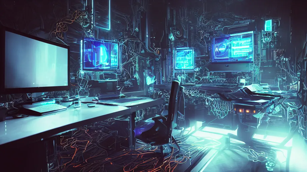 Image similar to a cyberpunk overpowered computer. Overclocking, watercooling, custom computer, cyber, mat black metal, alienware, futuristic design, desktop computer, nebula, galactic, space, minimalist desk, minimalist home office, whole room, minimalist, Beautiful dramatic dark moody tones and lighting, orange neon, Ultra realistic details, cinematic atmosphere, studio lighting, shadows, dark background, dimmed lights, industrial architecture, Octane render, realistic 3D, photorealistic rendering, 8K, 4K, Cyborg R.A.T 7, Republic of Gamer, computer setup, highly detailed