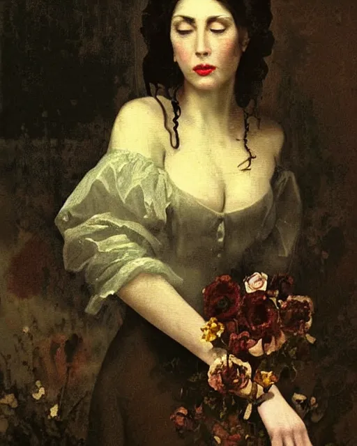 Prompt: a beautiful and eerie baroque painting of a beautiful but serious woman in layers of fear, with haunted eyes and dark hair piled on her head, 1 9 7 0 s, seventies, floral wallpaper, wilted flowers, a little blood, morning light showing injuries, delicate embellishments, painterly, offset printing technique, by robert henri, walter popp, alan lee
